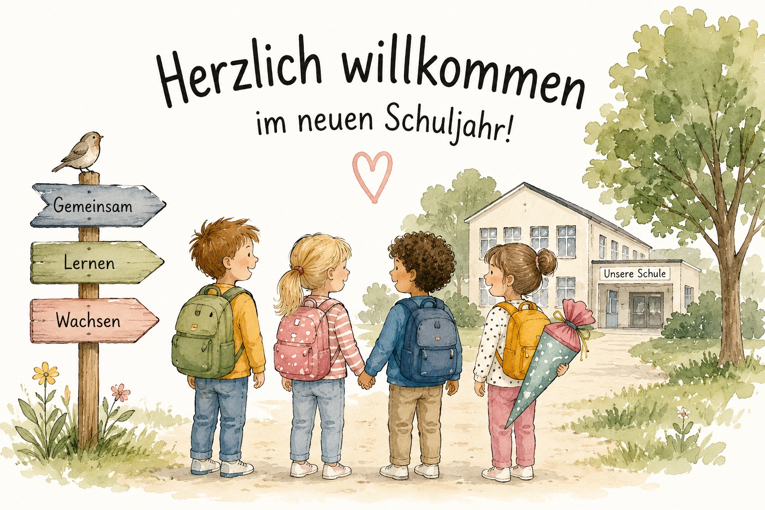 Vier Kinder mit Schulranzen und Schultüte stehen vor dem Schulgebäude, daneben ein Wegweiser mit den Worten Gemeinsam, Lernen, Wachsen. Schriftzug: Herzlich willkommen im neuen Schuljahr!